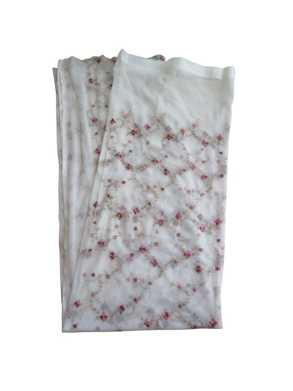 Vintage Sheer Tulle Fabric Shower Curtain Embroidered Floral Design 70" X 72"